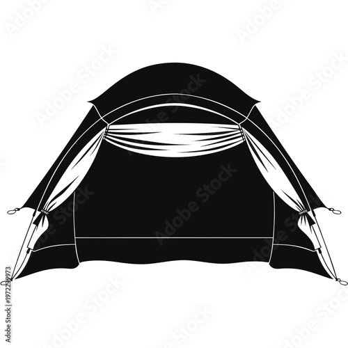 Camping tent silhouette vector, black and white outdoor shelter icon, minimalist tourist dome tent for hiking and trekking equipment