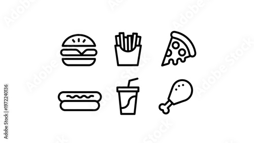 Simple icons of five popular fast food items in a minimalist style Vector