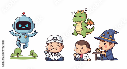 Adorable Cartoon Characters Depicting Robot, Doctor, Dragon, and Wizard.