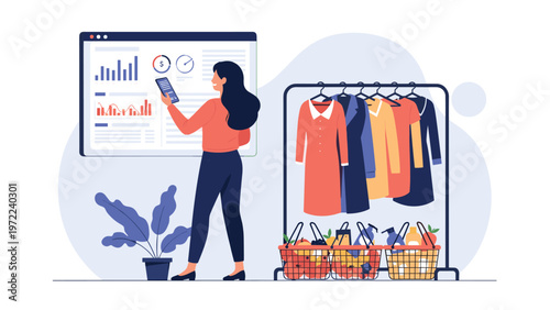 Young woman using a mobile phone to track her online shopping orders and business analytics next to a clothing rack of dresses.