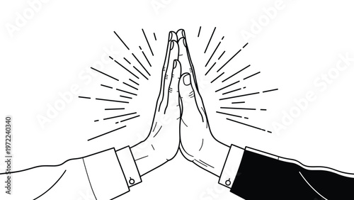 Close up black and white line drawing of two hands giving a high five to celebrate success, teamwork, and great achievement.