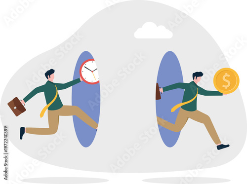 Professional running through blue portals with a clock and coin