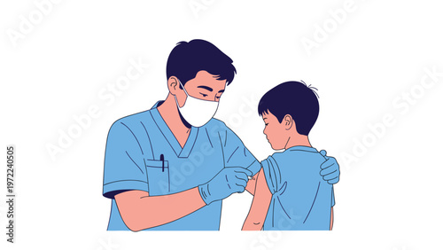Professional male doctor in a mask and gloves giving a protective vaccine injection to a young boy in a medical clinic.