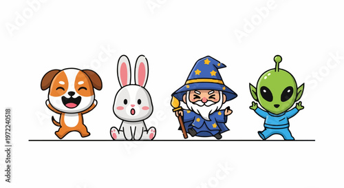 Adorable cartoon characters - Dog, rabbit, wizard, and alien smiling happily.