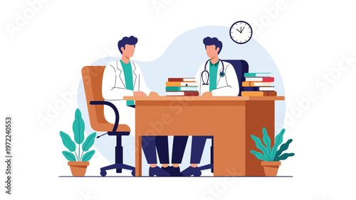 Two professional male doctors sitting at a desk in a medical office discussing patient files and medical research findings together.
