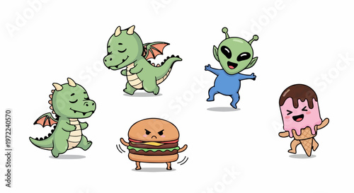 Adorable Cartoon Characters - Dragon, Alien, Burger, and Ice Cream.