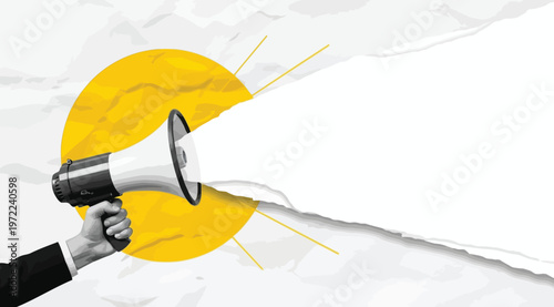 Hand holding a megaphone with a yellow circular background and torn paper effect