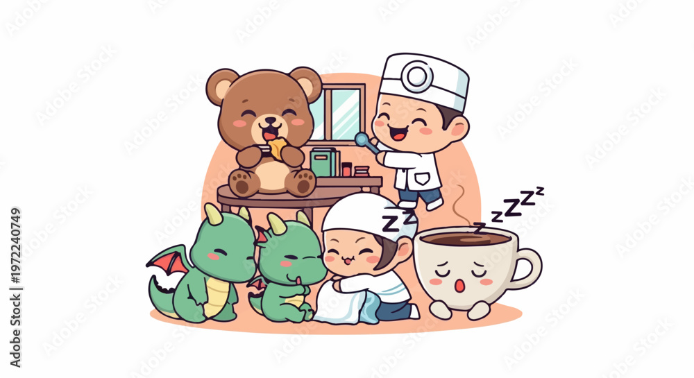 Obraz premium Adorable Cartoon Characters Enjoying a Cozy and Relaxing Morning Together.