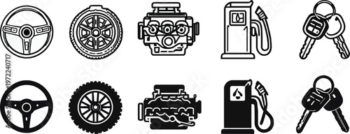 Car service and auto repair maintenance icon set featuring diagnostic tools garage equipment and vehicle parts on white background
