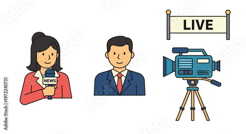 News anchors reporting live with a camera and live banner displayed