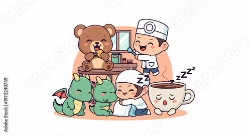 Adorable Cartoon Characters Enjoying a Cozy and Relaxing Morning Together.