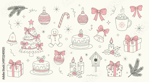 Set of handdrawn christmas elements, cute festive doodles with pink accents, holiday vector collection