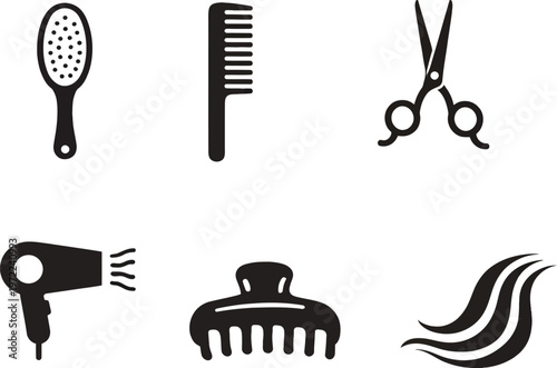 A black and white silhouette illustration of various hair styling and grooming tools arranged in a horizontal layout
Set of hair accessories and styling tools icons with comb, claw clip, bobby pins, 