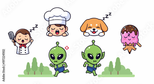 Adorable Cartoon Characters Featuring Chef, Dog, Alien, and Ice Cream.