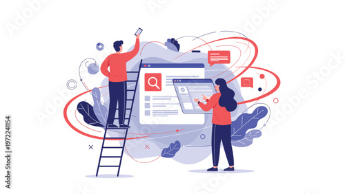 Creative team of designers working together with ladders and digital screens to build and optimize a search engine website.