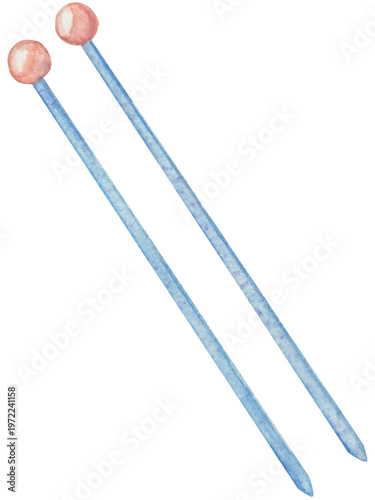 Hand drawn watercolor knitting and sewing elements set. A ball of yarn, crochet, thread, handcraft supplies, sewing, embroidering. Handmade and hobby supplies in blue, beige and pink colors. Vintage