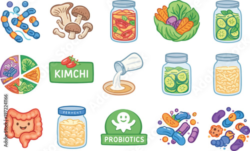 Hand drawn fermented food doodle illustration set
Set of hand-drawn probiotic food icons featuring fermented products like kimchi, sauerkraut, kombucha, and kefir for promoting gut health and healthy 