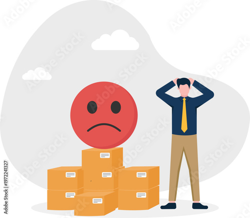 Professional with a sad face symbol standing over stacked boxes