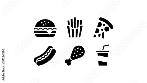 Set of five black and white icons representing popular fast food items Vector