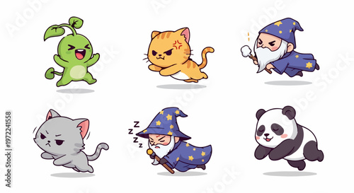 Collection of Adorable Cartoon Characters Featuring a Magical Wizard, Playful Kitten, and Energetic Panda in Dynamic Poses