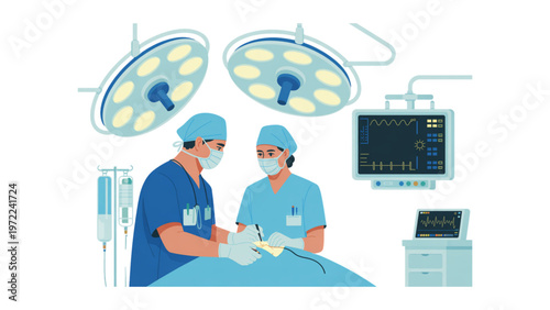 Medical professionals collaborating on digital health technology in a modern clinic setting Vector