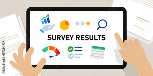 Survey report business data analysis on digital tablet screen showing survey results with professional charts customer satisfaction research