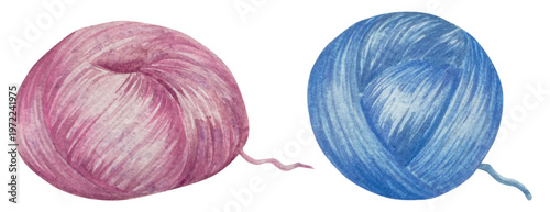 Hand drawn watercolor knitting and sewing elements set. A ball of yarn, crochet, thread, handcraft supplies, sewing, embroidering. Handmade and hobby supplies in blue, beige and pink colors. Vintage