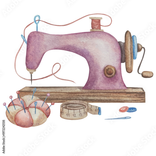 Hand drawn watercolor knitting and sewing elements set. A ball of yarn, crochet, thread, handcraft supplies, sewing, embroidering. Handmade and hobby supplies in blue, beige and pink colors. Vintage