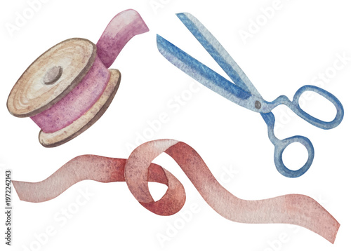 Hand drawn watercolor knitting and sewing elements set. A ball of yarn, crochet, thread, handcraft supplies, sewing, embroidering. Handmade and hobby supplies in blue, beige and pink colors. Vintage