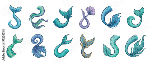 Mermaid tails collection with various designs and colors, featuring different fin shapes and scale patterns for fantasy illustrations.