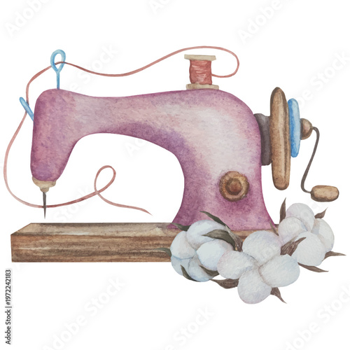 Hand drawn watercolor knitting and sewing elements set. A ball of yarn, crochet, thread, handcraft supplies, sewing, embroidering. Handmade and hobby supplies in blue, beige and pink colors. Vintage