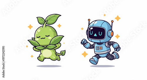 Adorable Cartoon Characters - Plant Creature and Robot Running Together.