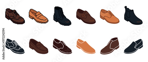 Men's shoes and boots collection featuring various styles in pixel art and flat vector isometric illustrations for fashion and apparel.