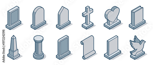 Isometric gravestones and tombstones vector illustration set, featuring various memorial elements like crosses, hearts, and doves for cemetery designs.