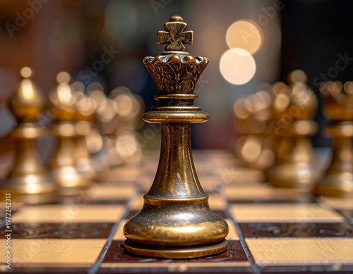Bronzed king chess piece stands out amongst its golden army on a checkered wooden board