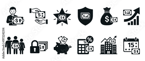 Financial icons set representing money growth, investment, savings, security, and wealth management concepts for business and personal finance.