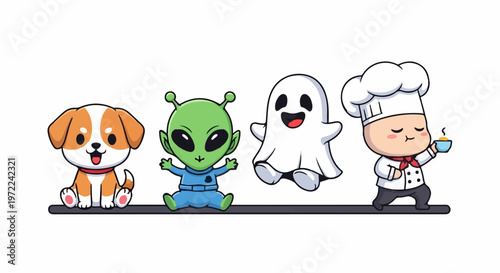Adorable Cartoon Characters - Puppy, Alien, Ghost, and Chef in a Row.