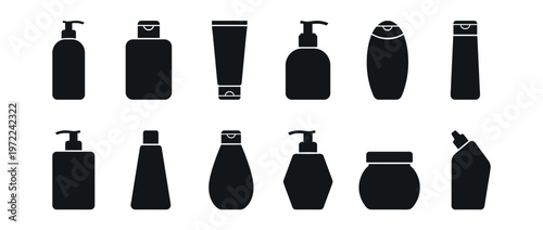 Cosmetic bottles, hygiene product containers, and beauty packaging silhouettes for various liquid and cream products.