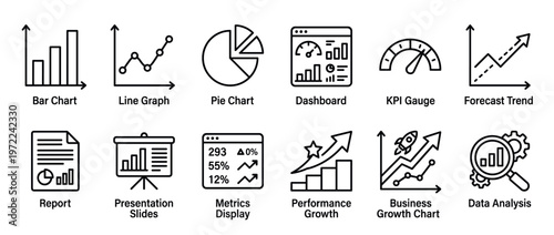 Business data analytics icons collection depicting various charts, graphs, reports, and performance indicators for financial and strategic planning.