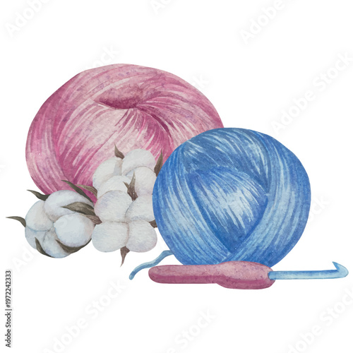 Hand drawn watercolor knitting and sewing elements set. A ball of yarn, crochet, thread, handcraft supplies, sewing, embroidering. Handmade and hobby supplies in blue, beige and pink colors. Vintage