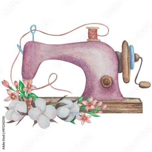 Hand drawn watercolor knitting and sewing elements set. A ball of yarn, crochet, thread, handcraft supplies, sewing, embroidering. Handmade and hobby supplies in blue, beige and pink colors. Vintage