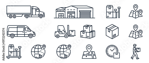 Logistics delivery shipping transportation warehouse icons set featuring various elements like vehicles, packages, maps, and personnel for modern supply chain operations.
