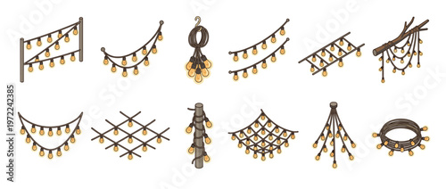 Decorative string lights collection featuring various arrangements for festive outdoor and indoor illumination.