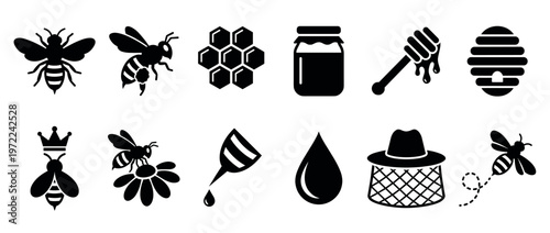 Bees, honey, and beekeeping icons set in black silhouette style, representing nature, agriculture, and sweet food products.