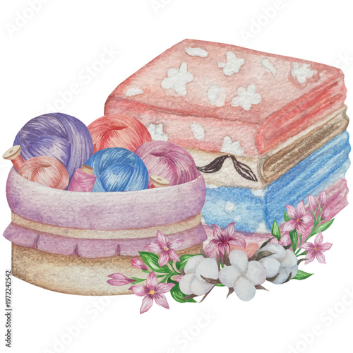 Hand drawn watercolor knitting and sewing elements set. A ball of yarn, crochet, thread, handcraft supplies, sewing, embroidering. Handmade and hobby supplies in blue, beige and pink colors. Vintage