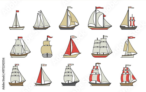 Sailboat Icons Set with Vintage Ships and Nautical Vessels Cartoon Illustration Collection