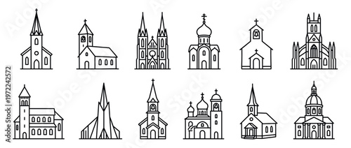 Churches, cathedrals, chapels, and temples line art icons set representing various religious architectural styles and worship places for spiritual concepts.
