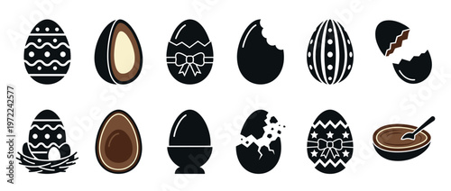 Collection of various Easter eggs and chocolate eggs, including decorated, broken, and filled designs, perfect for holiday themes and sweet treats.