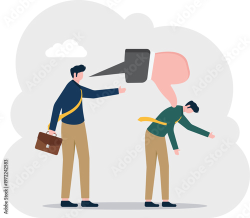 Manager putting a giant thumbs down bomb on a stressed employee's head