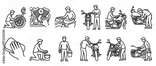 Motorcycle cleaning and maintenance activities are depicted in a set of line art icons showing people washing, detailing, and caring for their bikes.